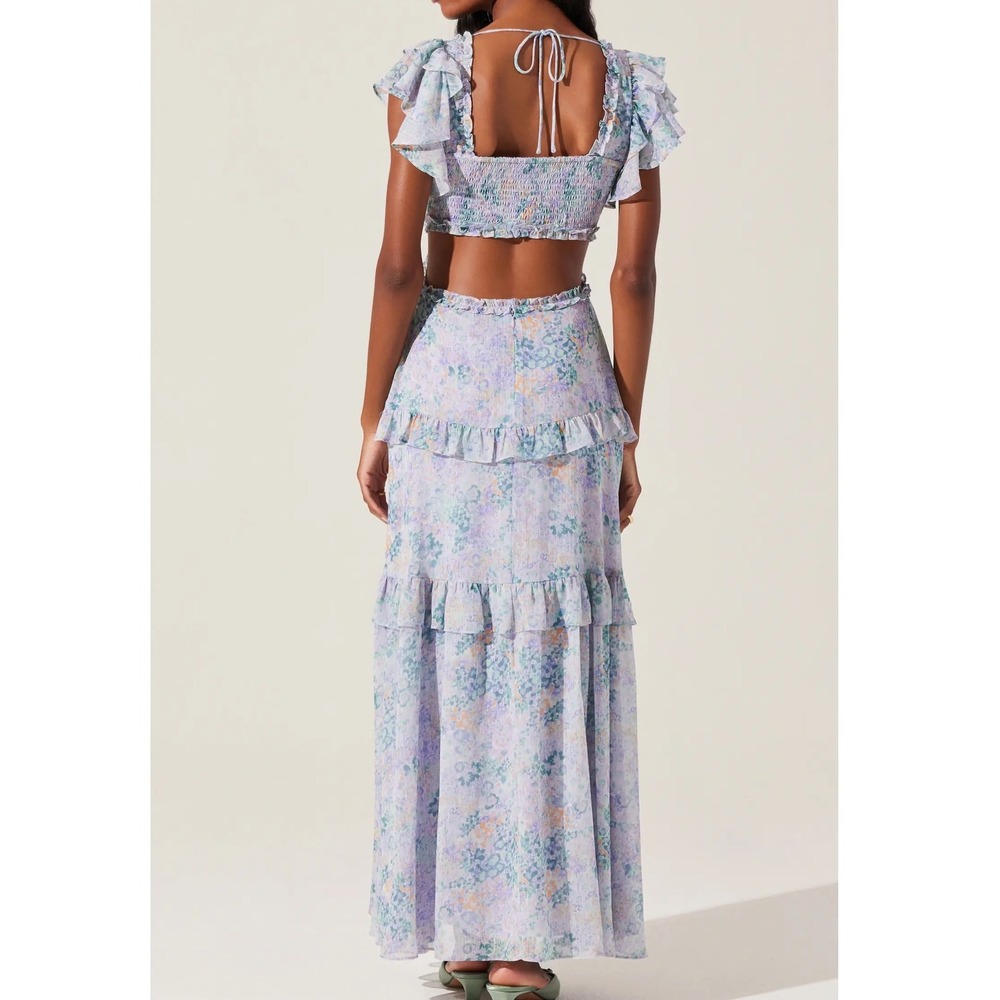 ASTR The Label Mable Floral Tiered Cutout Chiffon Maxi Dress Lavender Small - Picture 1 of 9